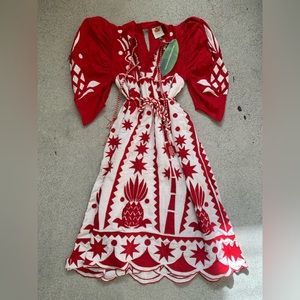 Farm Rio Extra Small Red Tropical Midi dress with pineapples. Brand new
